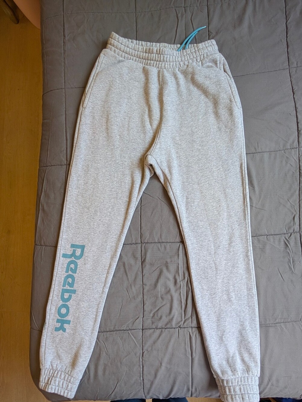 Reebok Light Gray Joggers with Teal Logo and Drawstring